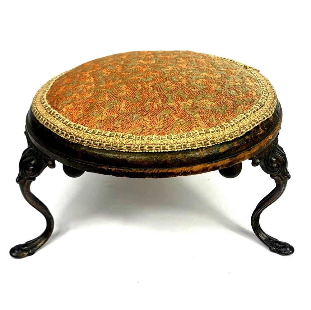 Antique Cast Iron & Wood Foot Stool Victorian Georgian Upholstered Tapestry